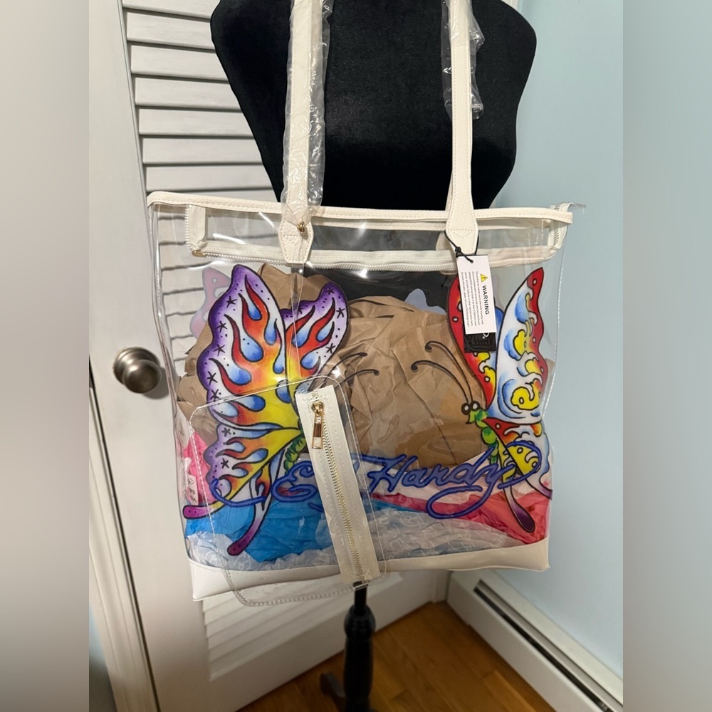 Ed Hardy Transparent Tote with Colorful Butterfly Design